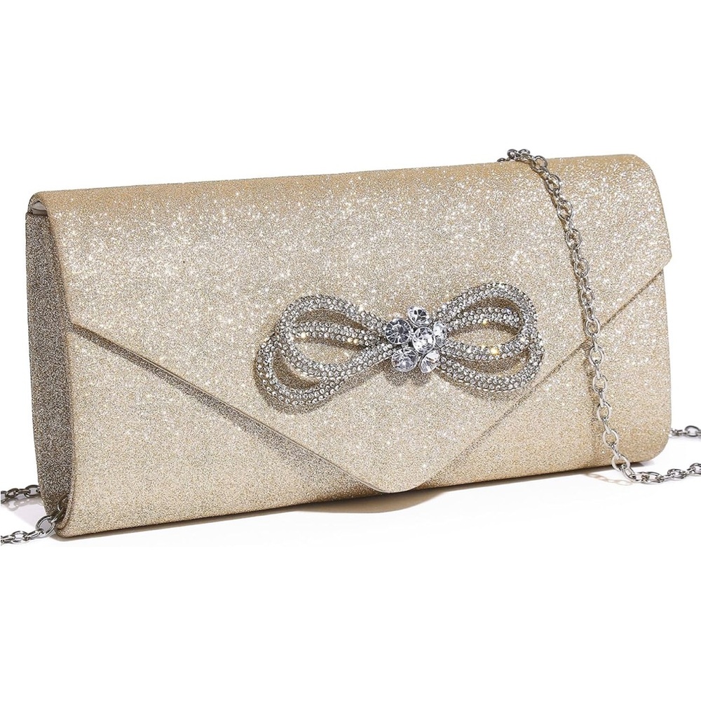 DETARA Champagne Sparkle Evening Handbag Shiny Crystal Bow Flap Clutch Purse
